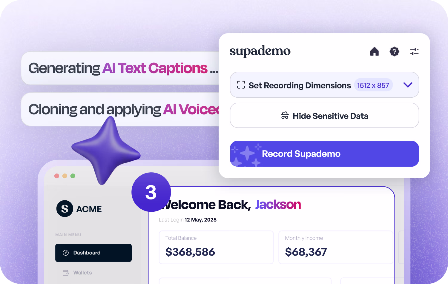 AI demo creation interface showing automated step text, guided flows, and AI voiceover generation for interactive product demos