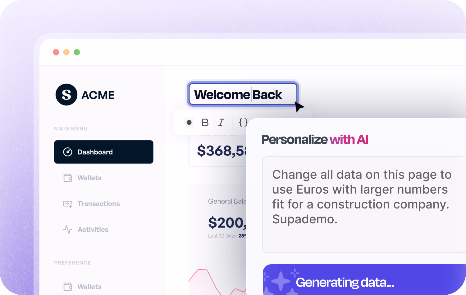 AI personalization interface showing dynamic variables and persona-based demo customization