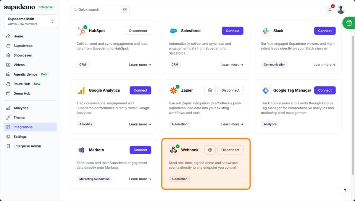Webhooks on Supademo integrations