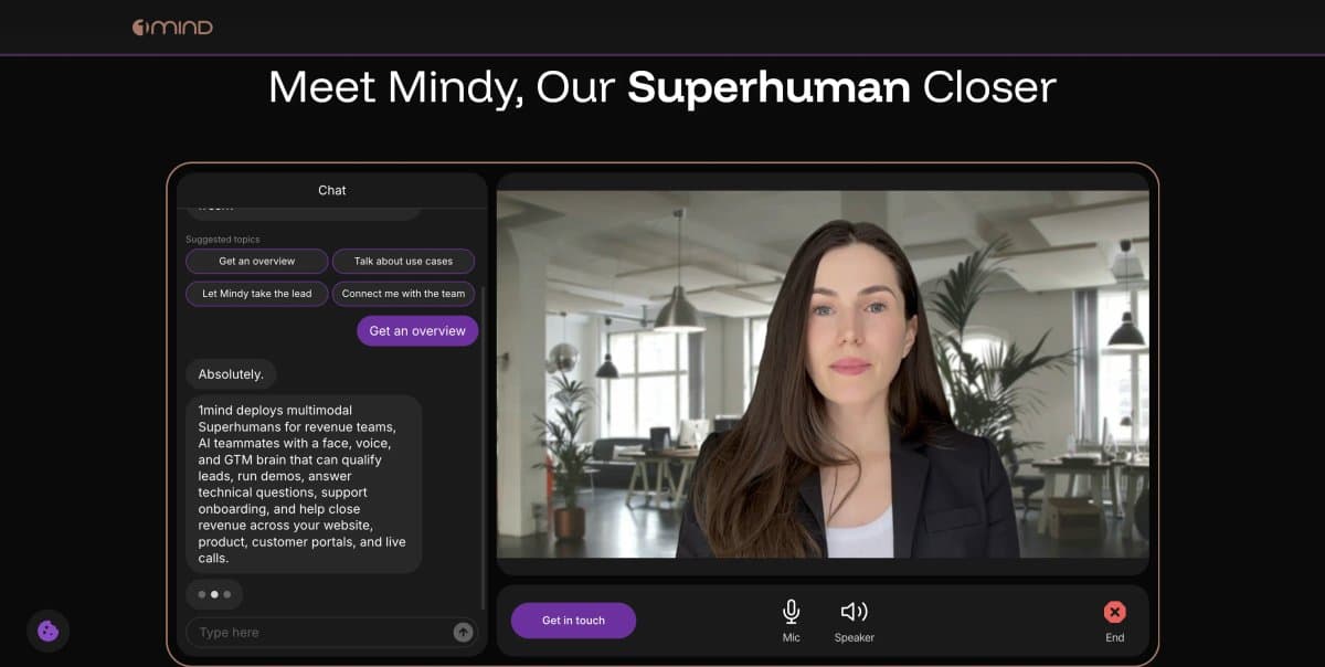 1mind’s Mindy AI sales agent combining conversational chat with a video avatar.