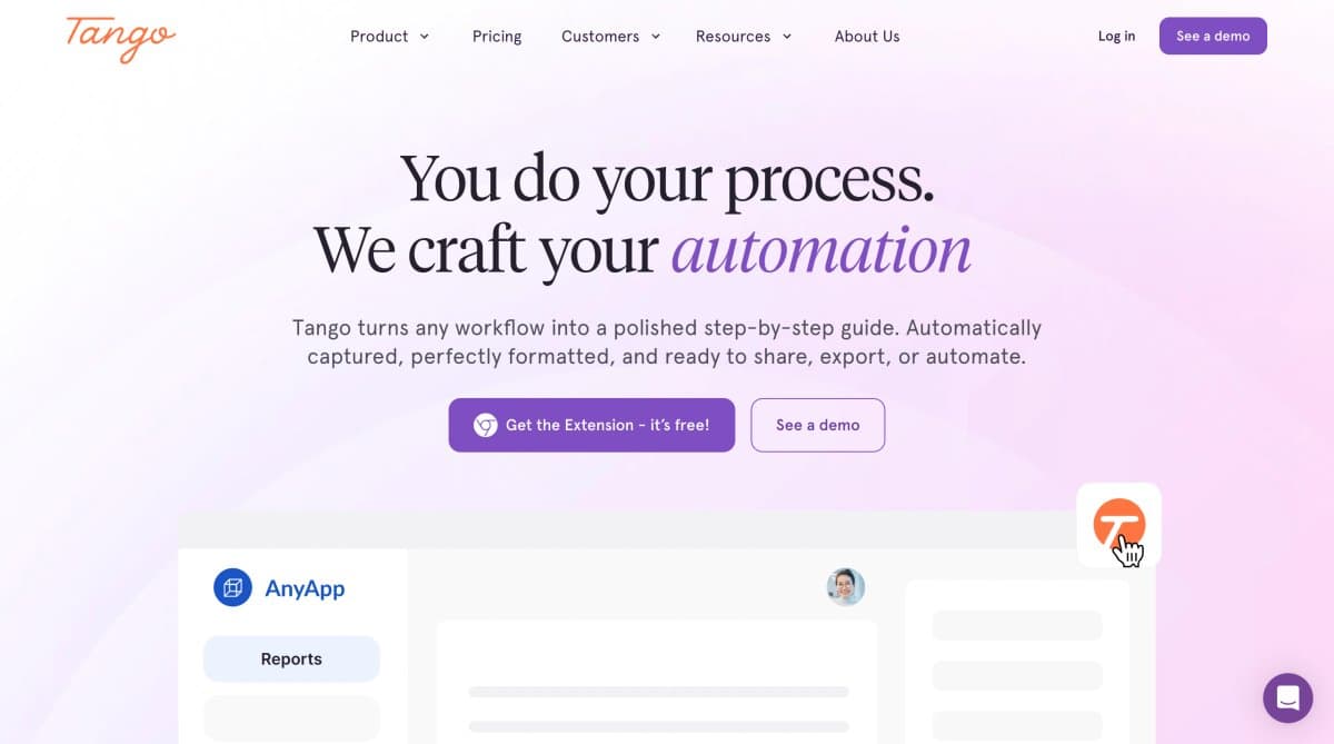 Tango homepage featuring in-app walkthrough creation
