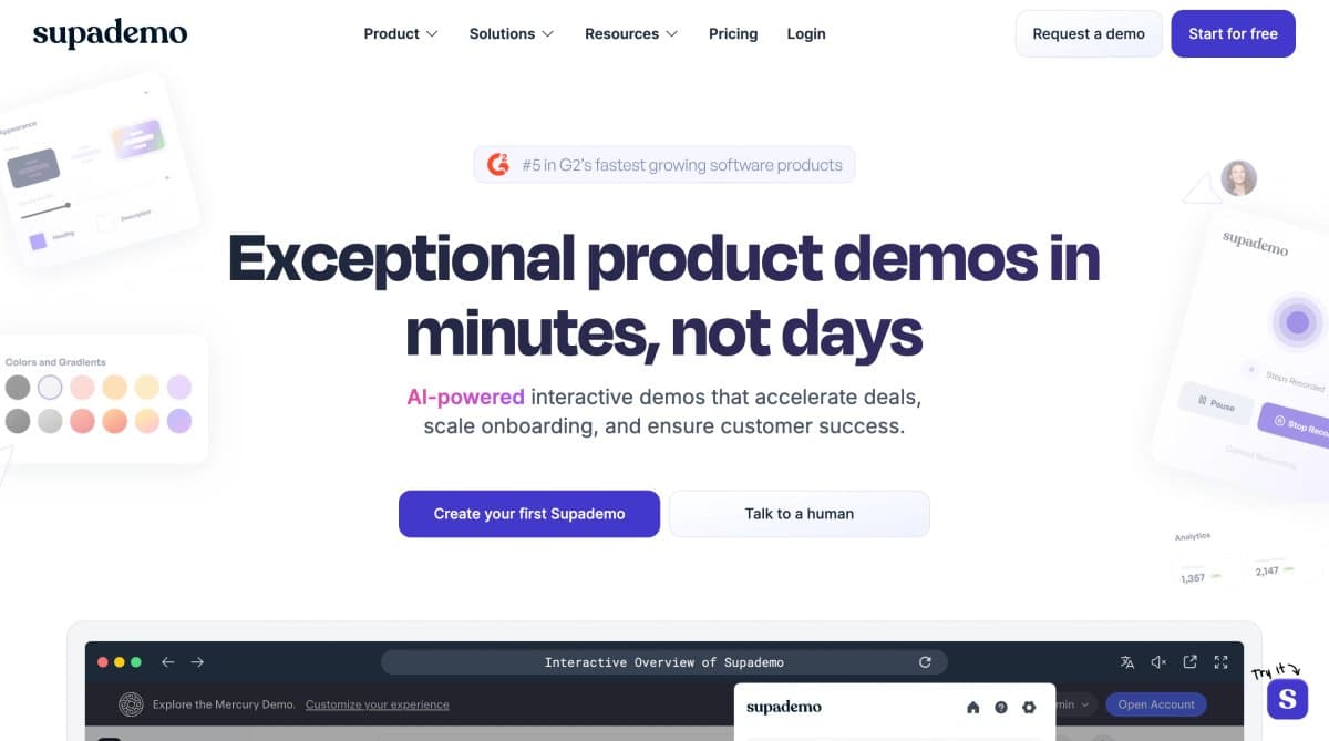 Supademo landing page highlighting interactive product demos