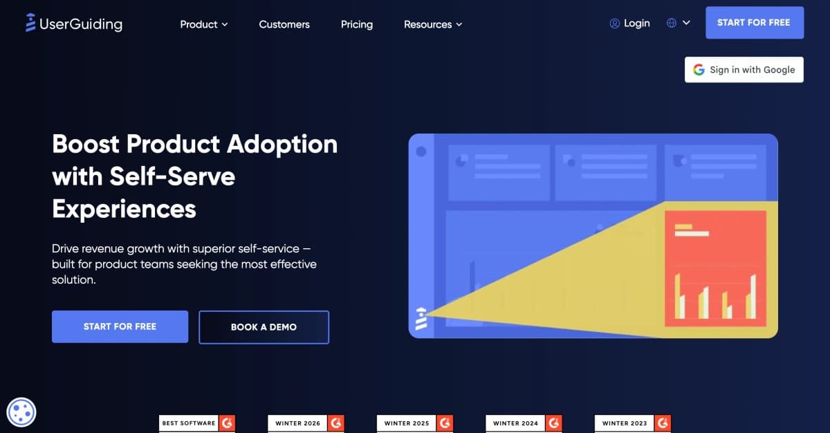 UserGuiding landing page showing self-serve onboarding features