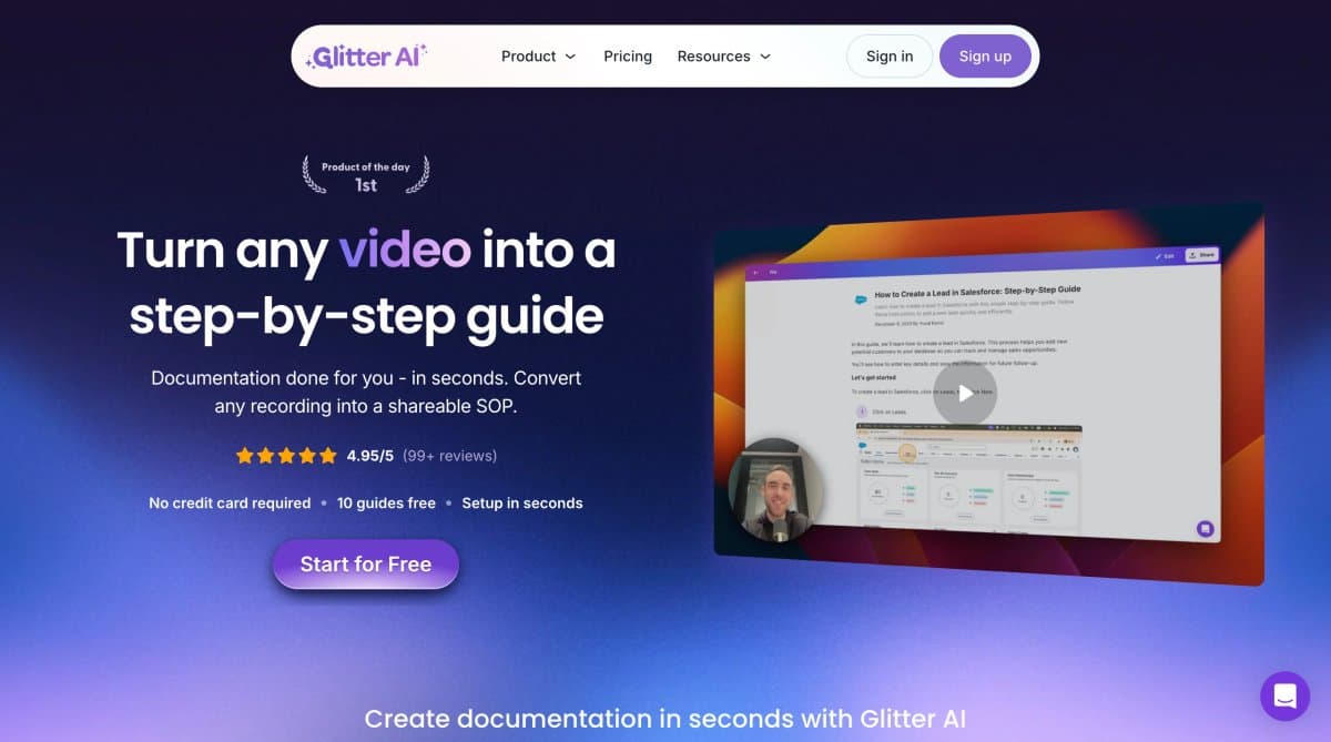 Glitter landing page showing video to guide conversion