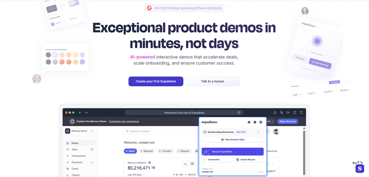 Supademo homepage showing interactive demo creation - Build interactive product demos quickly with Supademo