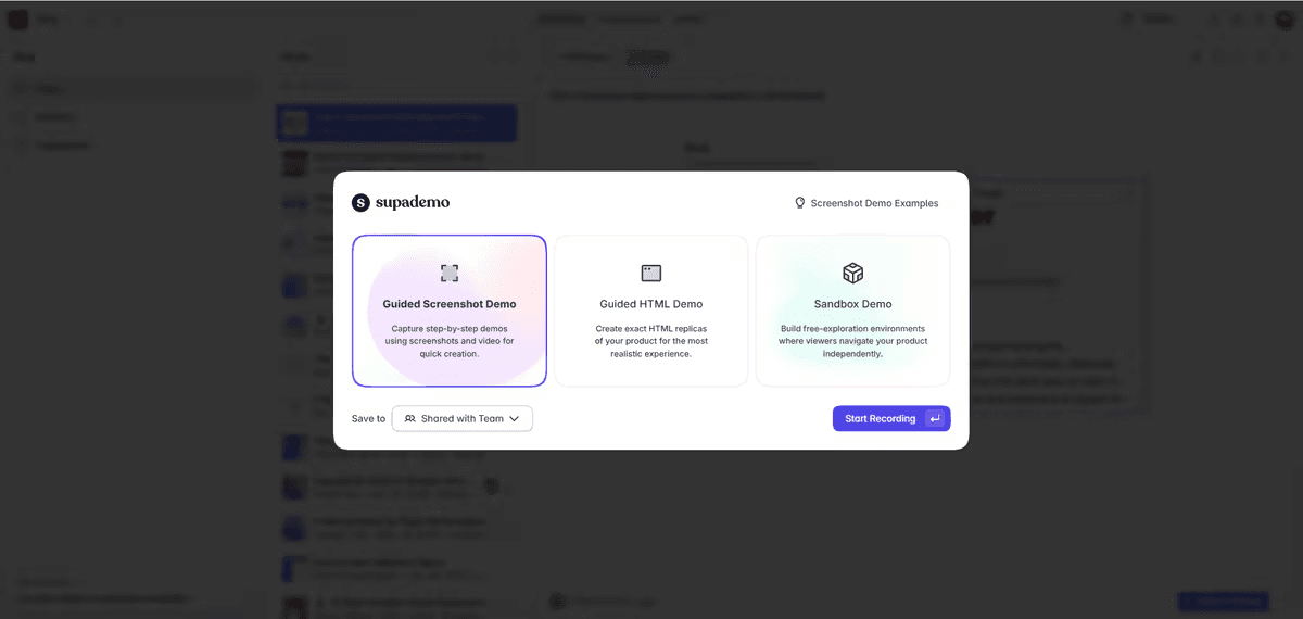 Supademo recording options screen