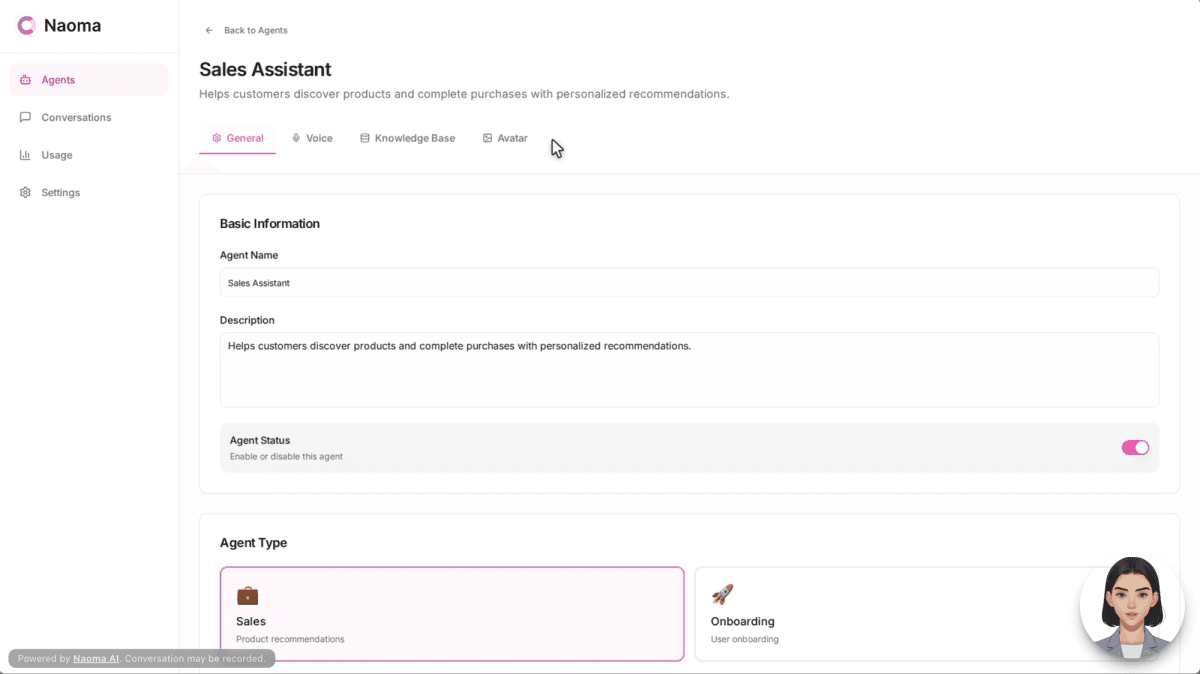 Naoma sales agent setup showing voice, knowledge base, avatar, and sales or onboarding options.