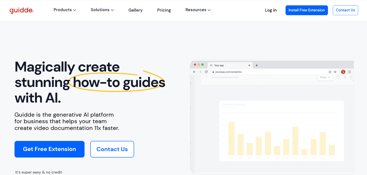 Guidde homepage demonstrating how to create interactive guides with AI