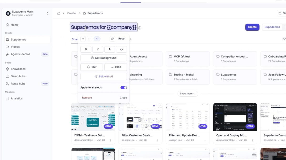 Adding a dynamic variable like {{company}} to the demo title inside Supademo
