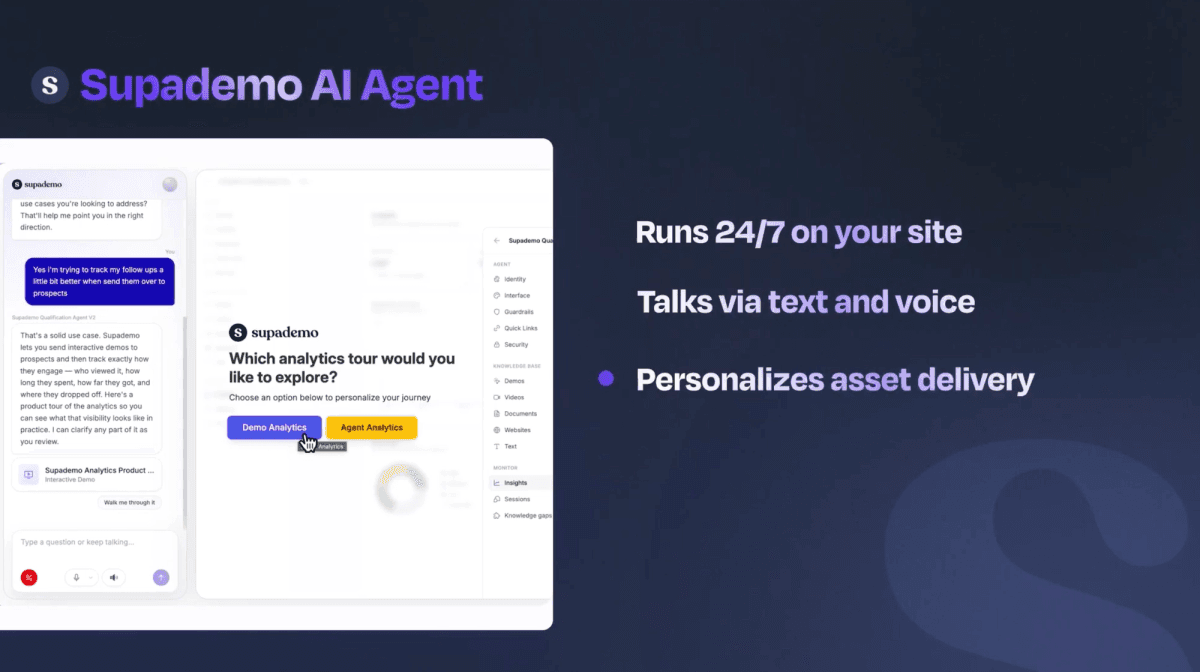 Supademo AI Demo Agent interface showing 24/7 availability, text and voice communication, and personalized asset delivery