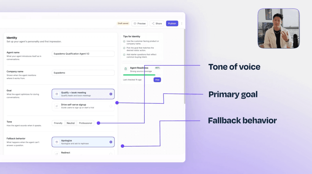 Supademo AI Demo Agent Identity tab showing tone of voice, primary goal, and fallback behavior settings