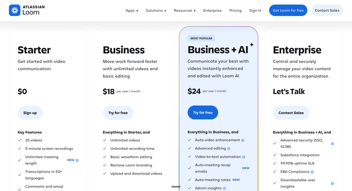 Loom Pricing verified: August 11, 2026, directly on Loom's official pricing page.