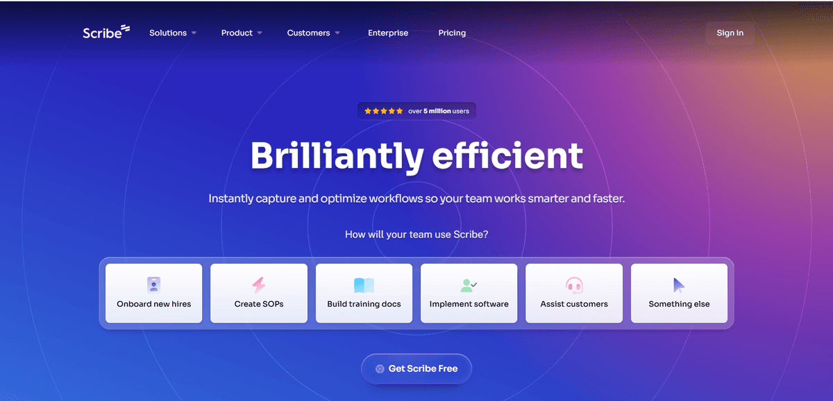 Scribe homepage highlighting knowledge sharing and documentation options - Scribe makes onboarding and SOP creation simple