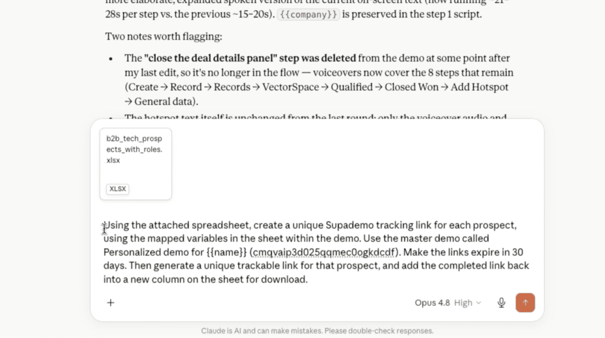 The exact prompt in Claude, with the prospect spreadsheet attached and the Supademo MCP connected