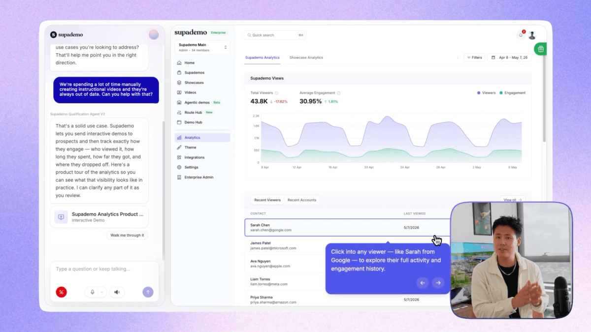 Live AI demo agent conversation showing real-time interactive demo being surfaced alongside the chat as the prospect asks questions