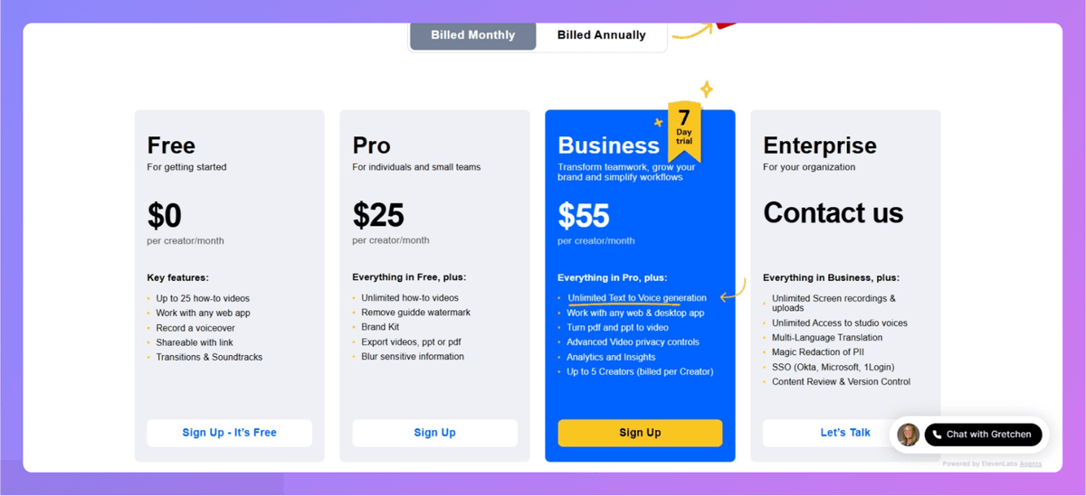 Guidde pricing page screenshot