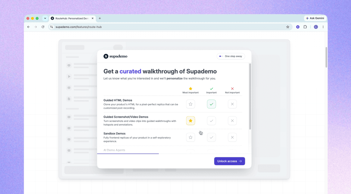 A route hub on the Supademo website asks visitors what they're interested in, then personalizes the walkthrough around it