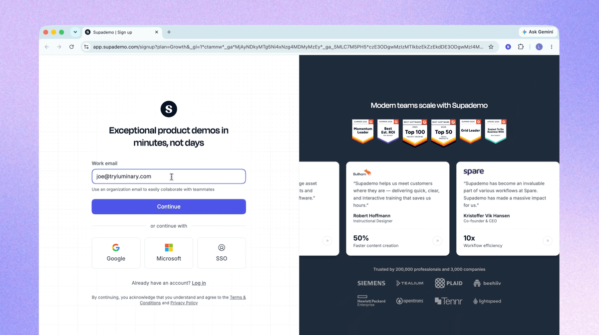 Supademo's signup page pairs a single email field with customer outcomes, testimonials, and G2 badges