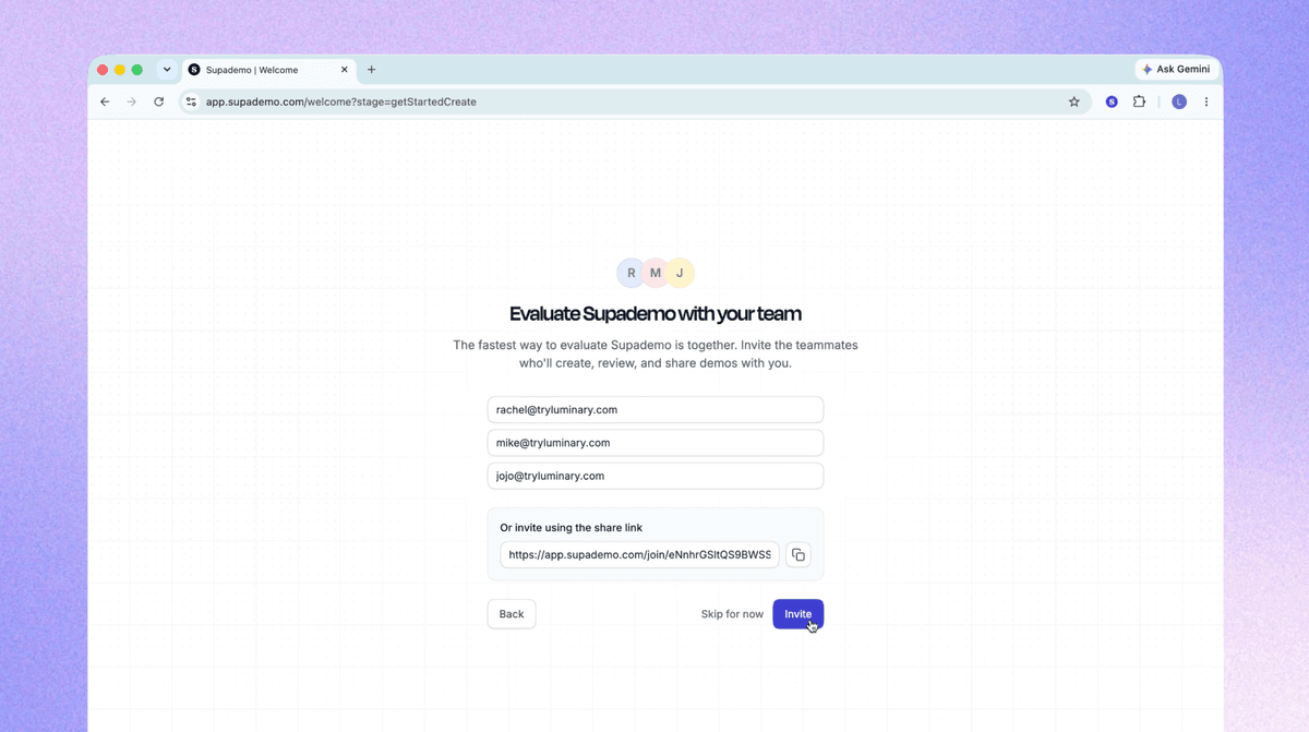 The invite-teammates step asks new users to bring in the coworkers who'll create, review, and share demos with them