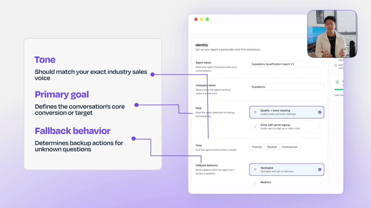 Detailed view of AI demo agent Identity configuration showing tone matching, primary goal definition, and fallback behavior settings