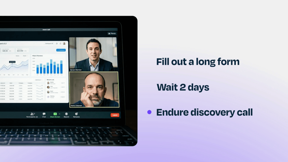 The traditional demo booking process: fill out a long form, wait 2 days, and endure a discovery call