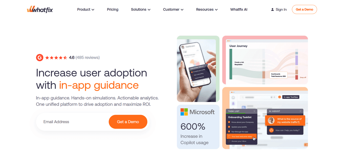 Whatfix homepage showing customer testimonial and ROI stats - Use Whatfix’s in-app training to guide users