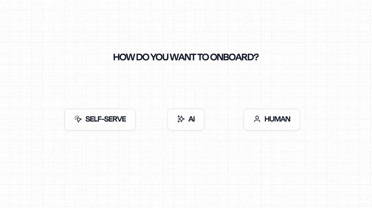 The onboarding choice screen offers three paths: self-serve, AI, or human