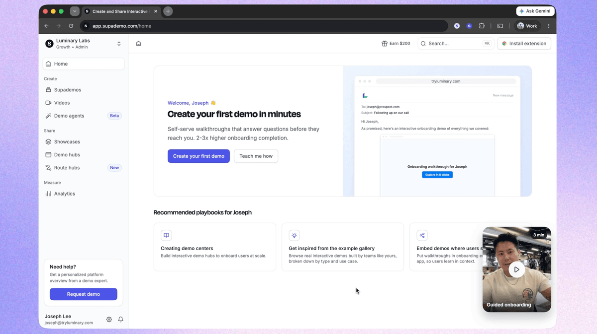 A new workspace already carries the company's name and branding, with playbooks recommended for the user's role and a guided onboarding video in the corner