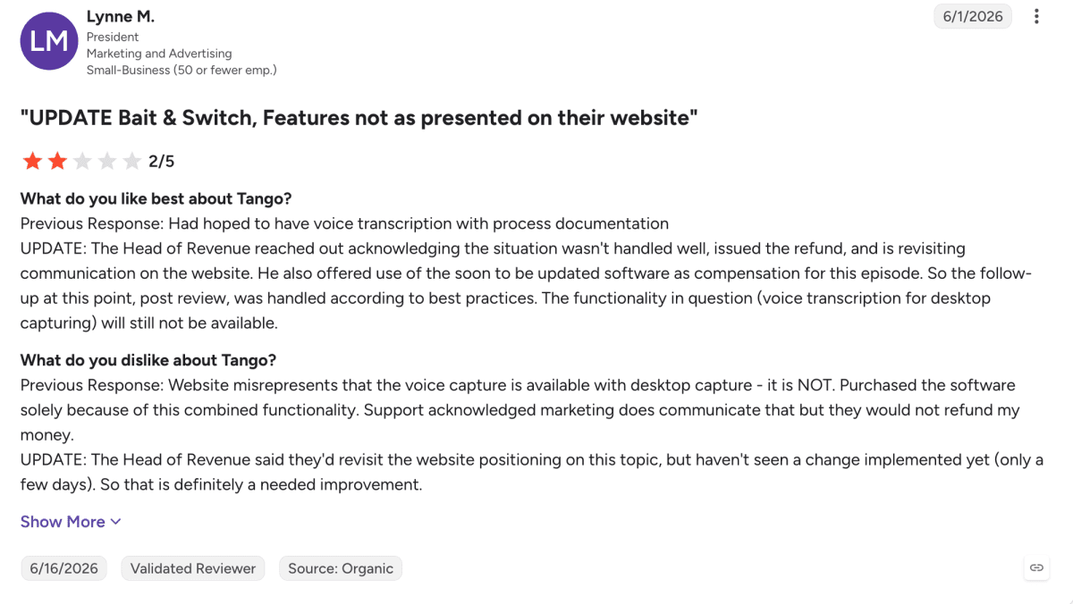 Tango user flags missing voice transcription for desktop capture despite expecting the feature based on website messaging.