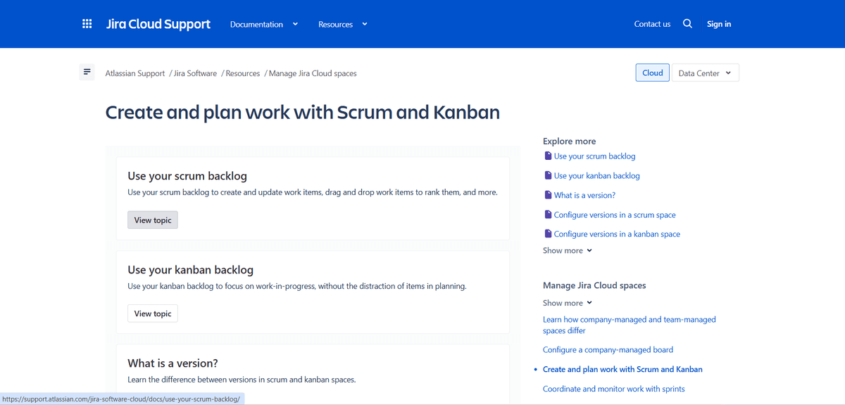Jira step-by-step guide page showing Scrum and Kanban setup options - With Jira (from Atlassian), you get in-depth step-by-step user guides