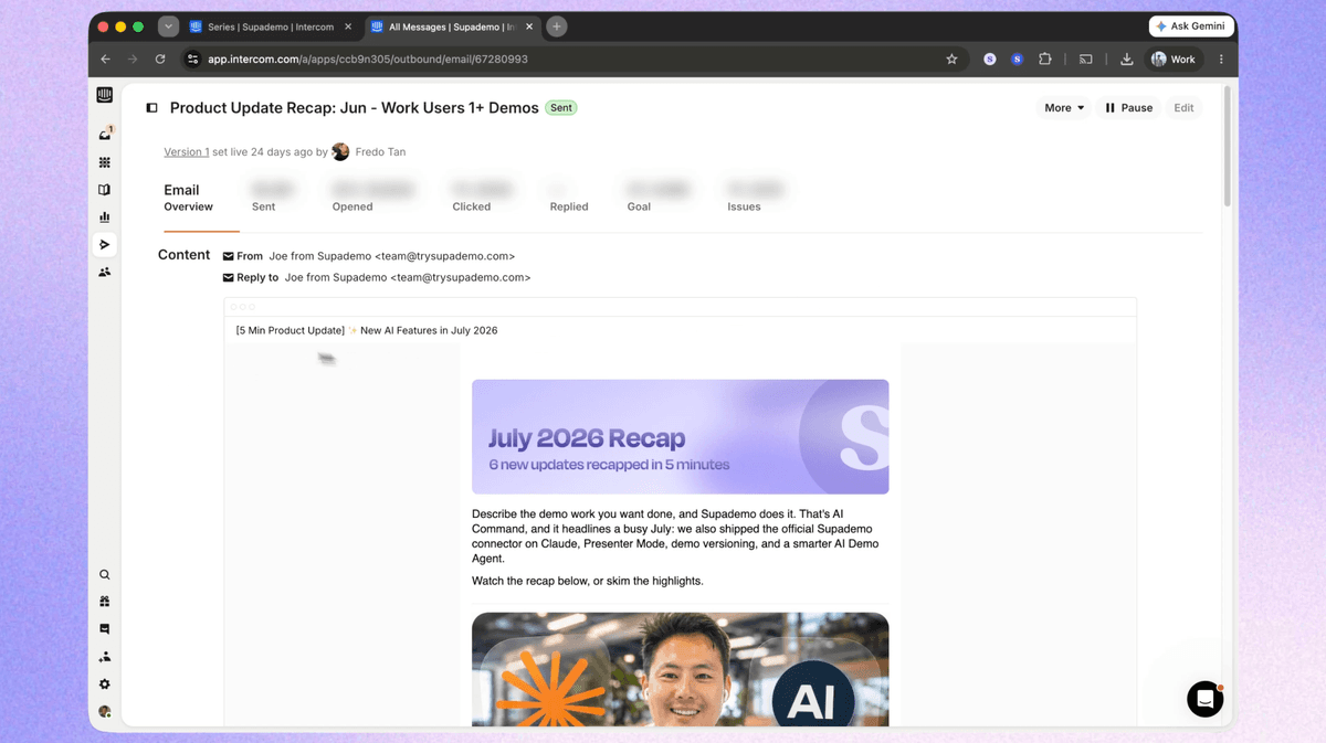 A product-update recap email sent to users who have built at least one demo