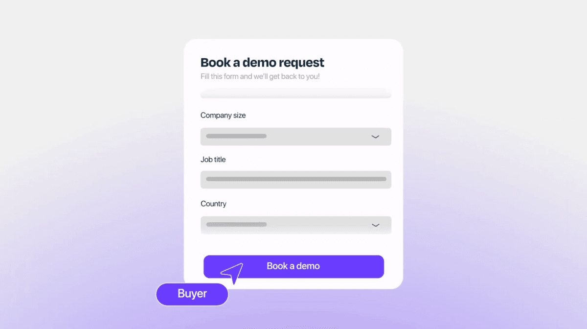 Traditional SaaS book a demo request form requiring company size, job title, and country fields