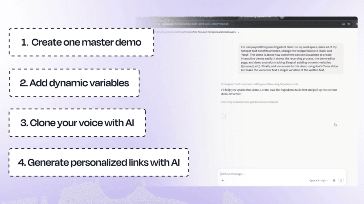 The four-part system: create one master demo, add dynamic variables, clone your voice with AI, and generate personalized links with AI