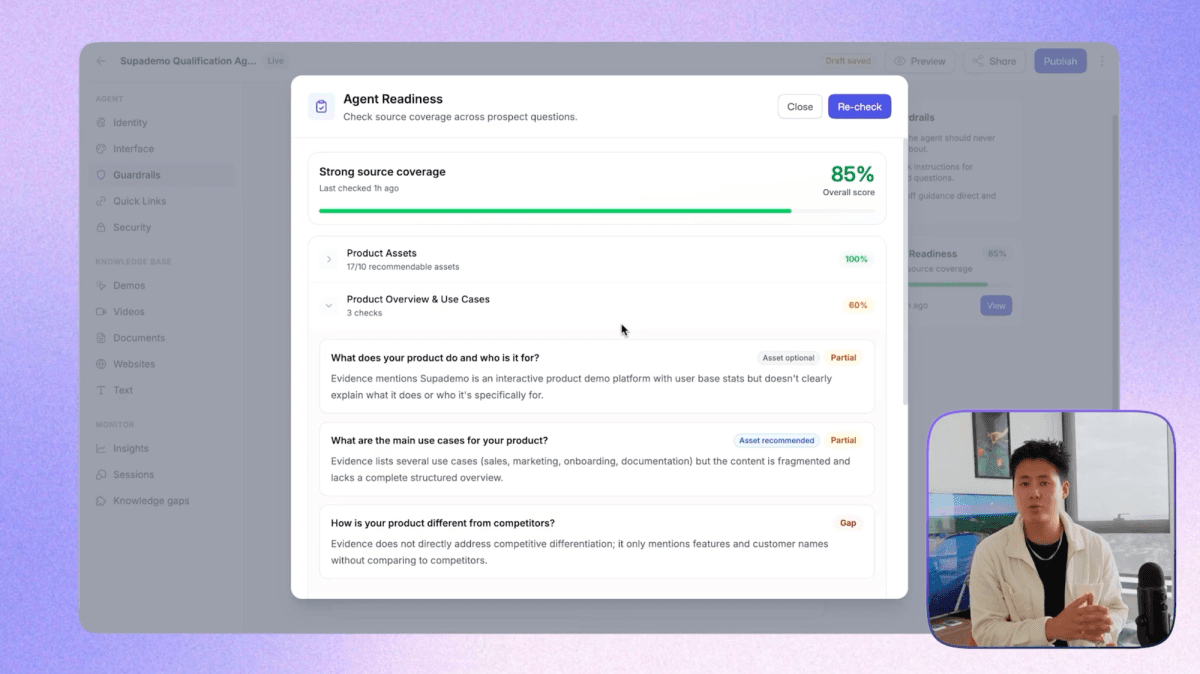 Supademo Agent Readiness checklist showing 85% overall score with product assets and use case coverage analysis